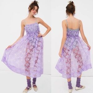 NEW NWT For Love & Lemons Villegas Bodysuit Sheer Floral Midi Dress In Purple